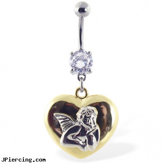 Navel Ring with Dangling Yellow Heart with Angel, navel rings belly button, sexy navel jewelry, studio katia navel rings, spider tongue rings, flag tongue rings