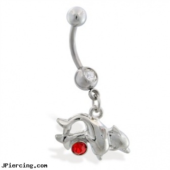 Navel ring with double dolphin dangle, infected navel piercings, logo navel rings, disney belly ring navel, nipple rings jewelery, nudism wearing body jewellery