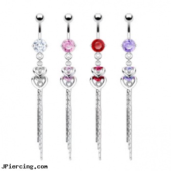 Navel ring with double heart and chain dangle, anodized body navel ring, tongue piercing navel piercing, celtic navel ring shield, nipple jewelry rings and shields, how to change my belly button ring for the first time