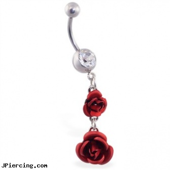 Navel ring with double rose dangle, navel piercing prices, keloid navel piercing, claddah navel ring, nipple rings uk, stainless steel nipple rings