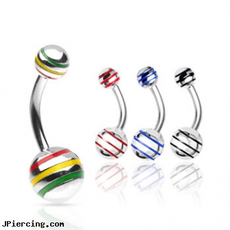 Navel ring with epoxy striped balls, ladybug navel ring, custom navel ring, sexy navel jewelry, cock ring cum, nipple rings chains