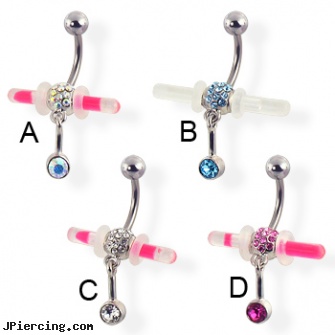 Navel ring with Glowstick holder and gem dangle, body piercing navel clamps, information on navel peircing, sparkley navel jewelry, gold jeweled labret ring, inexpensive cheap tongue rings