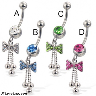 Navel ring with jeweled bow and three dangling balls, titanium navel rings, navel ring starter twister wholesale, navel piercing tools, free teen clit ring photos, non peircing nipple rings