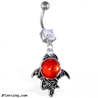 Navel ring with large dangling red stone with bat wings, navel piercing pic, body jewelry superman belly button ring navel, navel ring gauge sizes, nipple rings for men, tongue ring catalogs