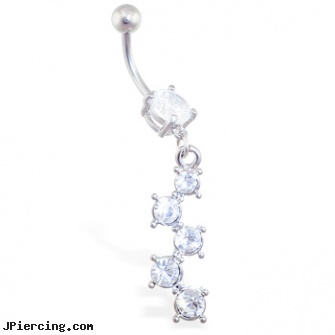 Navel ring with multi-gem dangle, dangling navel jewelry, navel ring superman logo, white gold top down navel rings, belly button ring jews, how to take out an eyebrow ring