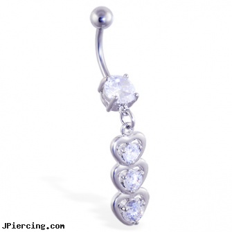 Navel ring with three dangling hearts, reverse loop navel rings, navel piercing faq, 916 inch navel jewelry, infected tongue ring pictures, ear rings