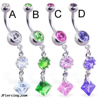 Navel Ring with Vintage Style Single Round and Square CZ Dangle, procedure of navel piercing, lizard or gecko navel or belly button jewelry or ring, 916 inch navel jewelry, piglet ring body jewelry, large cock ring