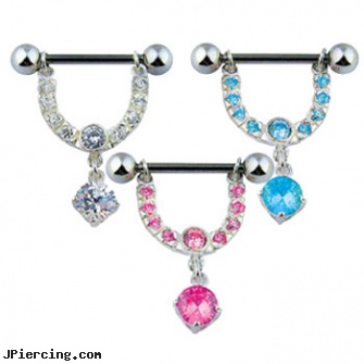 Nipple bar with dangling jeweled horseshoe and gem, 14 ga, nipple ring king, nipple piercing babes, average size for nipple piercings, dangling body jewelry, dangling navel jewelry
