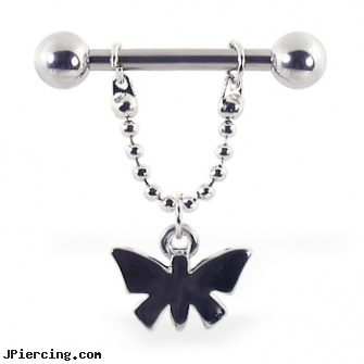 Nipple ring with dangling butterfly on chain, 12 ga or 14 ga, nipple piercings pics, pierced nipple jewelry, nipple rings circular slip on, earrings body piercing jewelry, brown penis ring