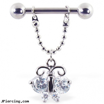 Nipple ring with dangling chain and jeweled butterfly, 12 ga or 14 ga, nipple piercing jewelry, dangers of nipple piercings, non piercing nipple jewelry nipple rings, how to remove belly button ring, hamtaro tongue rings