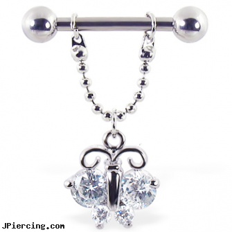 Nipple ring with dangling chain and jeweled butterfly, 12 ga or 14 ga, nipple piercing jewelry, dangers of nipple piercings, non piercing nipple jewelry nipple rings, how to remove belly button ring, hamtaro tongue rings