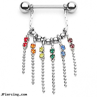 Nipple Ring With Dangling Chains With Rainbow Gems, 14 Ga, third nipple piercing, make your own nipple jewelry, non piercing nipple jewelry, alberta canada penis rings, indian nose rings