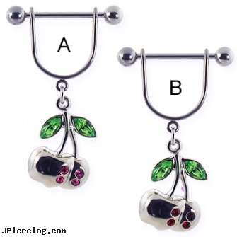 Nipple ring with dangling cherries with gems, teens with nipple piercings, cool nipple rings, pictures of womens nipple piercings, infected tongue rings, design your own belly ring