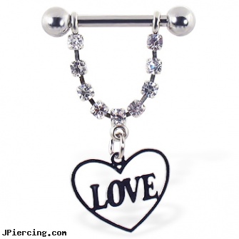 Nipple ring with dangling heart on chain with \"LOVE\", 12 ga or 14 ga, nipple piercings care, big nipple, buy nipple rings, ireland flag tongue ring, nose navel tongue rings playboy