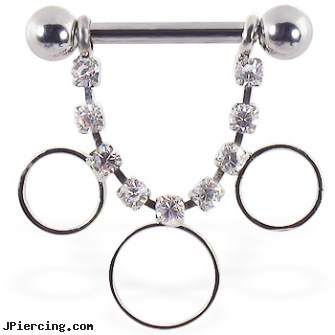 Nipple ring with dangling jeweled chain and circles, 12 ga or 14 ga, non piercing nipple jewelry nipple rings, nipple ring photo, nipple piercings on women, ring of power body jewelry, goat cock ring