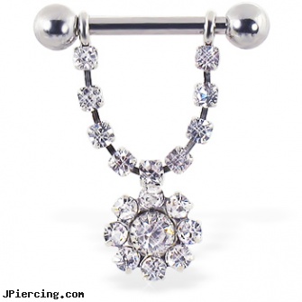 Nipple ring with dangling jeweled chain and flower, 12 ga or 14 ga, male nipple peircings, nipple rings gallery, nipple jewelry, indian nose rings and earrings, cat belly button rings