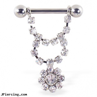 Nipple ring with dangling jeweled chain and flower, 12 ga or 14 ga, non metal nipple jewelry, nipple piece, nipple ring women, assorted eyebrow rings cheap, harley davidson navel rings