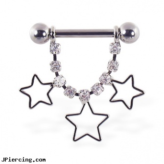 Nipple ring with dangling jeweled chain and hollow stars, 12 ga or 14 ga, make nipple rings, information male nipple peircing, nipple gallery, navel ring and pregnancy, playboy navel rings