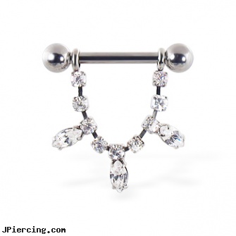 Nipple ring with dangling jeweled chain and pear-shaped gems, 12 ga or 14 ga, led by her nipple ring, nipple shield jewelry, nipple piercing enlarge, tongue ring girl, cock ring sizing