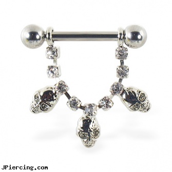 Nipple ring with dangling jeweled chain and skulls, 12 ga or 14 ga, body jewellery for nipple piercings, nipple barbells, pitcures of nipple rings, build tongue ring, buy tongue ring