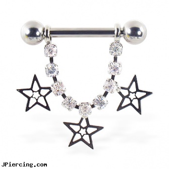 Nipple ring with dangling jeweled chain and stars, 12 ga or 14 ga, infected nipple piercings, nipple piercing celebs, non-piercing nipple body jewelry, penis rings uk, downsides of lip rings