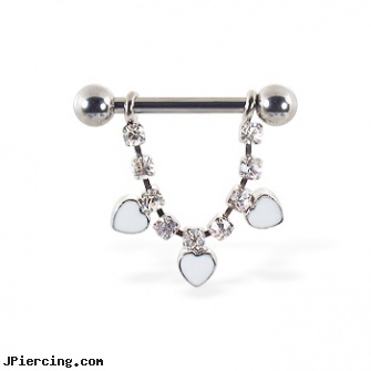 Nipple ring with dangling jeweled chain and white hearts, 12 ga or 14 ga, flashing nipple jewelry, nipple ring king, body jewelry nipple, crystal nose rings, uv plastic ring body jewelry