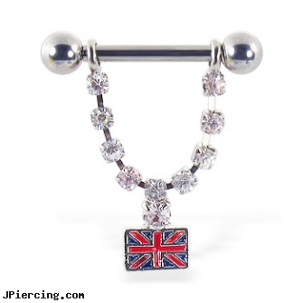 Nipple ring with dangling jeweled chain with british flag, 12 ga or 14 ga, nipple rings barbells, christinas nipple piercing pictures, nipple piercing party, custom navel ring, vampire cock ring