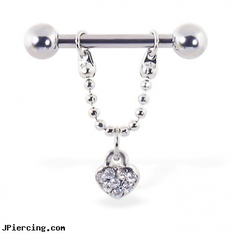 Nipple ring with dangling jeweled heart, 12 ga or 14 ga, non piercing nipple huggers, nipple chains piercing, nipple piercing dangers, captive segment cock rings, temp belly rings