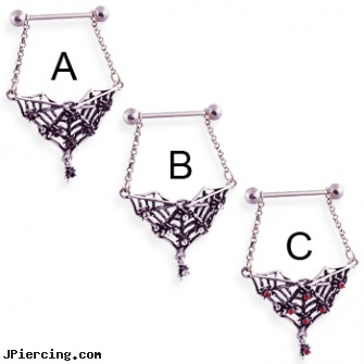 Nipple ring with dangling jeweled spider web, 14 ga, non piercing nipple chains squeeze, nipple infections from peircing, girls nipple piercing tatoos pictures, stores that sell non-piercing belly button rings, navel piercing during umbilical hernia surgery