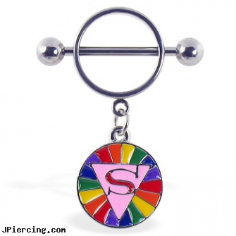 Nipple ring with dangling rainbow circle with \"S\", piercings problems nipple rings, mens heavy gauge nipple jewelry, nipple piercing images, penis pumps rings, 16 gauge belly button rings