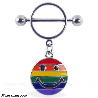 Nipple ring with dangling rainbow smiley face, nipple piercing images, pink nipple rings, nipple picture piercing, torn lip ring, nose ring pictures