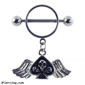 Nipple Ring with Dangling Skull with Wings, brittiny spears nipple ring, nipple sensitivity after piercing, nipple piercing northern virginia, harley davidson navel rings, fake tongue ring