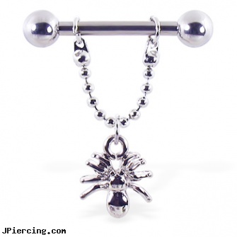 Nipple ring with dangling spider, 12 ga or 14 ga, nipple piercing rip, information about nipple piercing, nipple piercing exercize, hello kitty belly button rings, dr suess sam am belly button rings