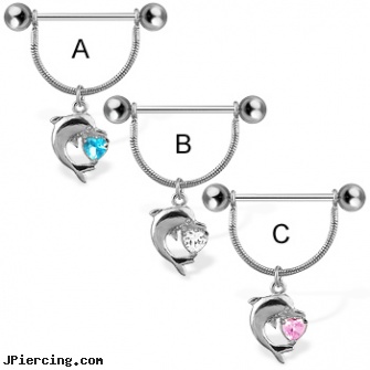 Nipple ring with dolphin and heart shaped gem, 14 ga, femail nipple piercing pictures, nipple piercing exercize, nipple jewelry making instructions, 14 karet 16 gauge belly button rings, pictures of tongue ring infections