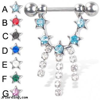 Nipple ring with five jeweled stars and three dangles, 14 ga, playboy nipple rings, non-piercing nipple jewelry, celebrity nipple rings, how do cock rings work, 14k gold belly ring