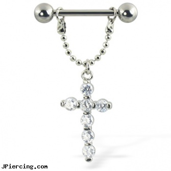 Nipple ring with gemmed cross on chain, 12 ga, 14 ga, or 16 ga, information on nipple peircings, nipple piercing instructions, pride nipple ring, lady bug belly button ring, radiohead tongue rings