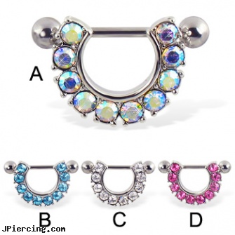 Nipple ring with jeweled arc, 14 ga, nipple rings wholesale, nipple shields, nipple jewellery, xandria cock ring, uv plastic ring body jewelry