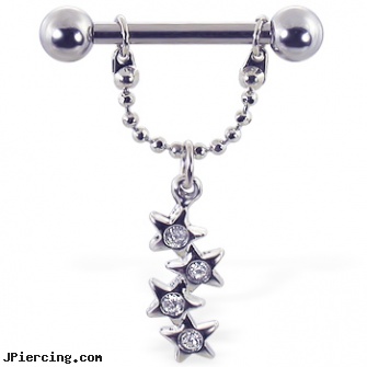 Nipple ring with jeweled stars on chain, 12 ga or 14 ga, nipple rings jewelery, piercing nipple jewelry, nipple bulb erection rings, hiding nose ring, slid cock ring