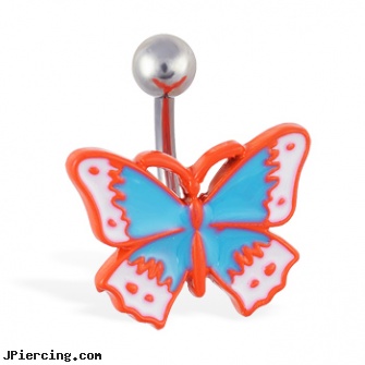 Orange and blue acrylic butterfly navel ring, orangevale ca body piercing shops permanent attractions, body jewelry blue heart, black and blue titainum tongue rings, 10 gauge acrylic tapers, acrylic tongue rings