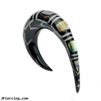 Organic buffalo horn hook taper with abalone inlays, care of organic body jewelery, organic wood body jewelery, make organic body jewelry, body jewelry water buffalo 16 gauge, wholesale body jewelry horn and bone