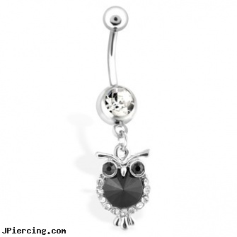 Owl Belly Button Ring with Black And Clear Gems, belly-button peircings, belly bottin rings, cat belly button rings, belly button jewlery rings, superman navel ring