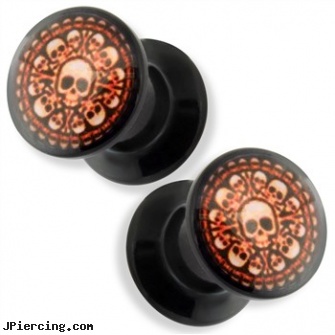 Pair Black Acrylic Double Flare Flat Screw Fit Plug with Chamber of Bones Print, torn penis piercing repair, black female genital piercings, black market body jewelry, black cat tattoo and body peircing, acrylic tongue rings barbells