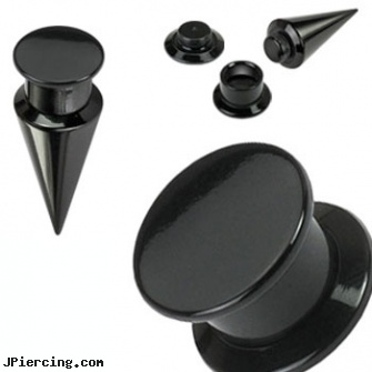 Pair Of 2-In-1 Interchangeable Black Acrylic Screw Fit Tapers, torn penis piercing repair, nipple jewelry interchangeable base rings, non piercing nipple jewelry with interchangeable base rings, black line titanium body jewelry jewelry nipple, black labret