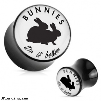 Pair Of \"Bunnies Do It Better\" Playboy Exclusive Pattern Black Acrylic Saddle Plugs, torn penis piercing repair, playboy bunny belly button rings, playboy belly button rings, playboy naval belly rings wholesale, black and blue titainum tongue rings