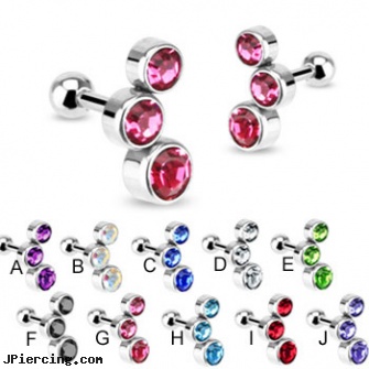 Pair of 316L Surgical Steel cartilage straight barbell with triple colored CZs, 16 ga, torn penis piercing repair, 316l jewelry cards, surgical steel navel jewelry, surgical placement of rings in cock and scrotum, surgical steel jewelry