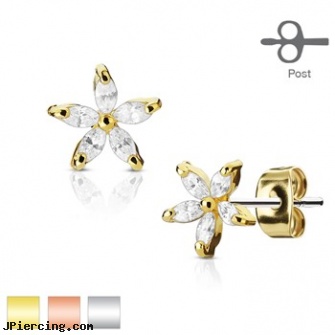 Pair Of 5 Marquise CZ Petal Flower 316L Surgical Steel Post Earring Studs, torn penis piercing repair, flower pics, flower shaped labret jewerly, flower belly ring, 316l jewelry cards