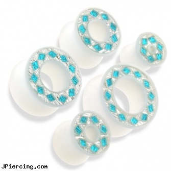 Pair of Acrylic Tunnels with Aqua Diamond Shaped Gems, torn penis piercing repair, body jewelry acrylic, acrylic tongue barbells, acrylic labret, belly rings plugs and tunnels