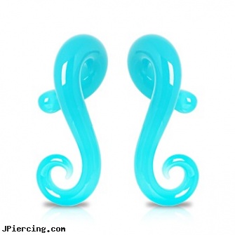 Pair Of Aqua Pyrex Glass Tapers with Spiral Tail, torn penis piercing repair, pyrex glass body jewelry, pyrex piercing jewelry, liquid glass body jewelry, nose rings with glasses