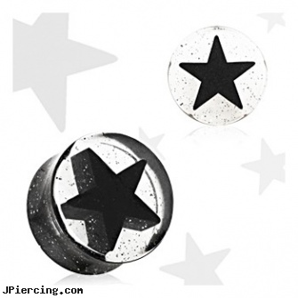 Pair Of Black  UV Acrylic 3D Star Double Flare Glitter Plugs, torn penis piercing repair, black whole body piercing, black penis piercing, black cat tattoo and body peircing, acrylic bead rings