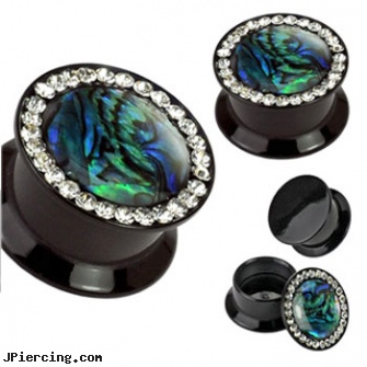 Pair Of Black Acrylic Double Flared Jeweled Plugs with Abalone Inlay Center, torn penis piercing repair, black cock, black onyx navel ring, black clit, acrylic eyebrow rings